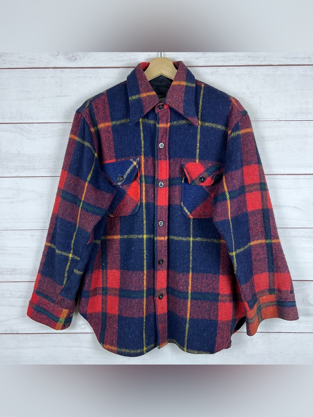 Vintage A VIP CPO Flannel Shirt Men’s Medium Plaid Heavy Wool Blend Red Blue